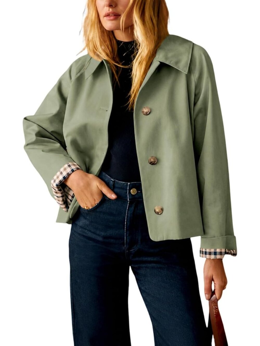Womens Green Long Sleeve Button Down  Plaid Lining Pockets Casual Cropped Jacket